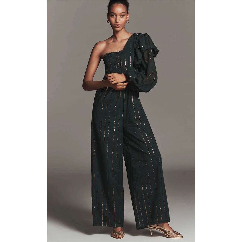NWT Farm Rio x Anthropologie One-Shoulder Stripe Jumpsuit. Size S. Retails $228